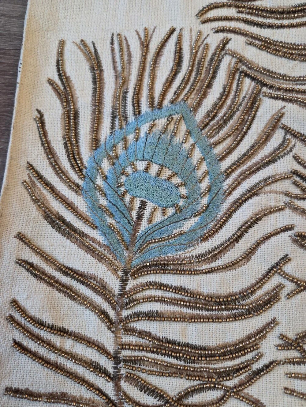 Pier 1 Imports Table Runner Beaded Peacock Feather Biege/Cream with Blue